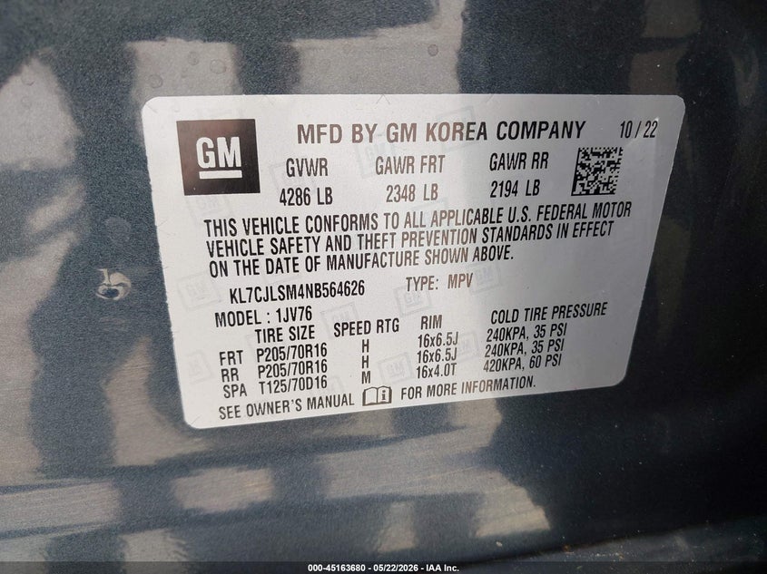 2022 CHEVROLET TRAX 1.4L I-4 DI, DOHC, V(VIN: KL7CJLSM4NB564626