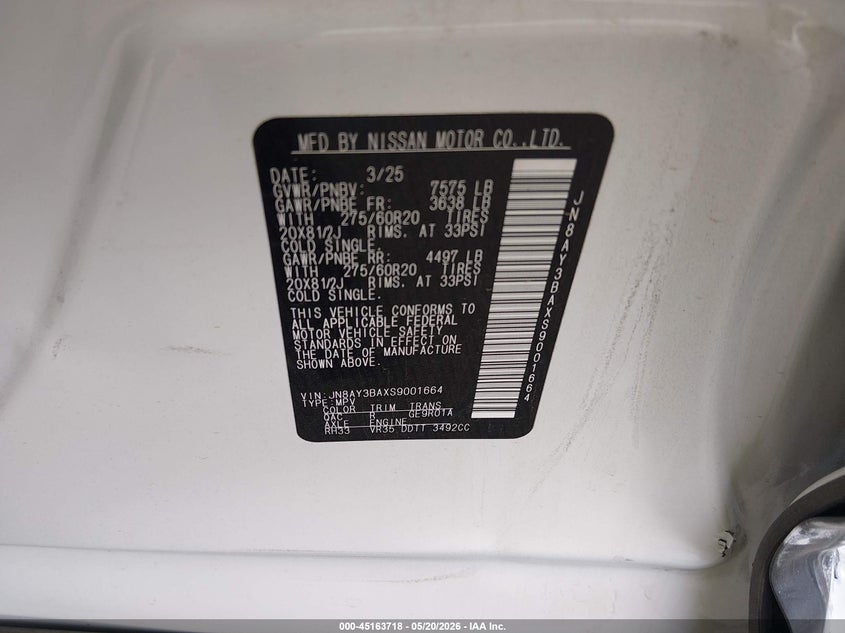 2025 Nissan Armada Sl 2Wd VIN: JN8AY3BAXS9001664 Lot: 45163718