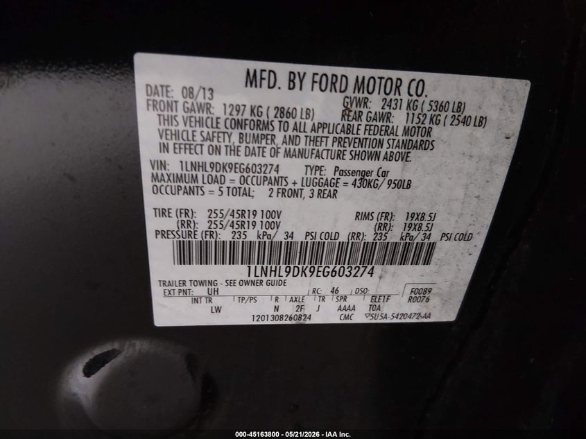 2014 Lincoln Mks VIN: 1LNHL9DK9EG603274 Lot: 45163800