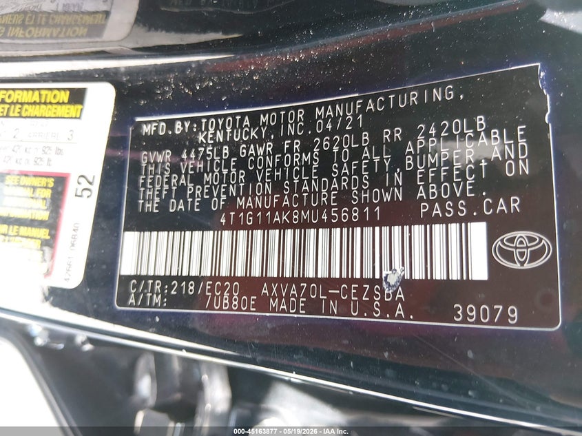 TOYOTA CAMRY 2021 VIN 4T1G11AK8MU456811