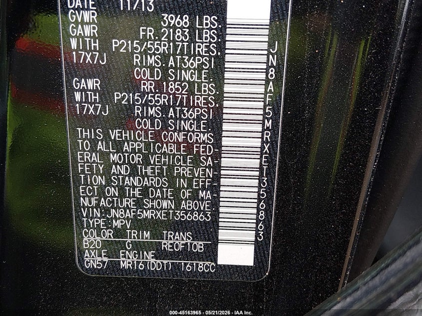 2014 Nissan Juke Sl VIN: JN8AF5MRXET356863 Lot: 45163965