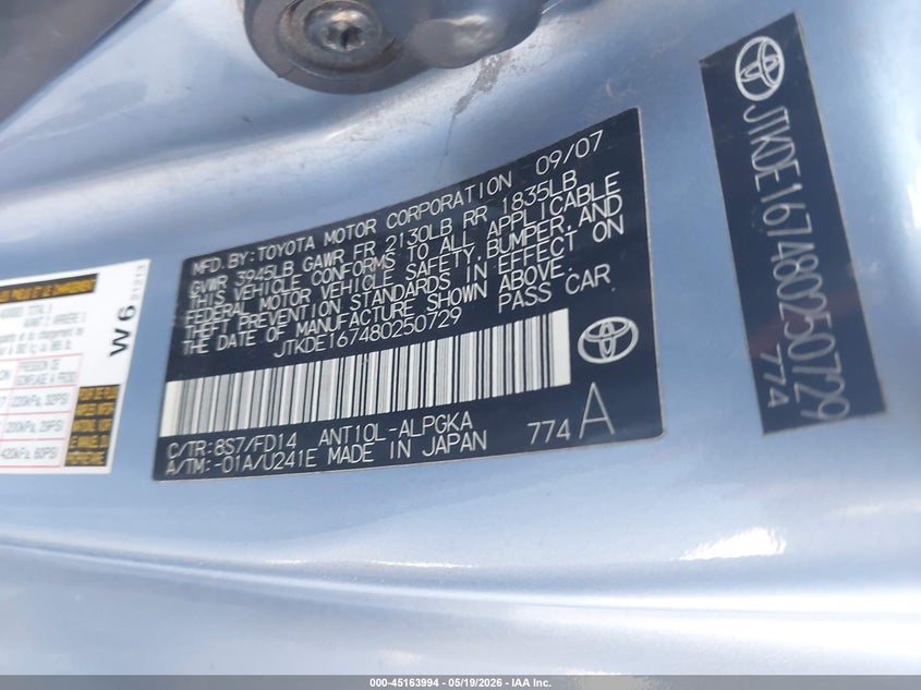 2008 Scion Tc VIN: JTKDE167480250729 Lot: 45163994