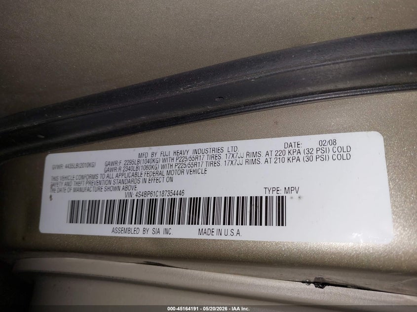 2008 Subaru Outback 2.5I/2.5I L.l. Bean Edition VIN: 4S4BP61C187354446 Lot: 45164191