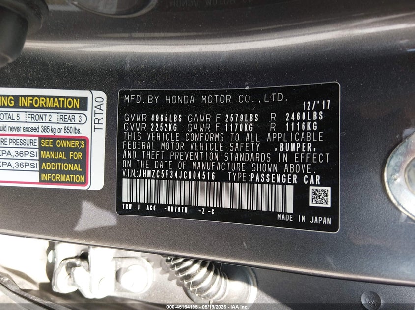 2018 Honda Clarity Plug-In Hybrid Touring VIN: JHMZC5F34JC004516 Lot: 45164195