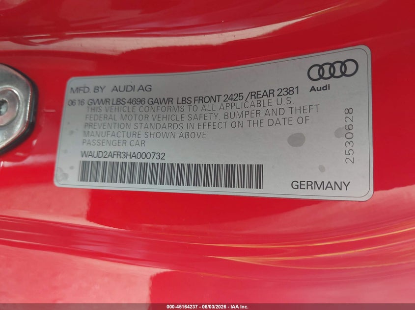 2017 Audi A5 2.0T Sport VIN: WAUD2AFR3HA000732 Lot: 45164237