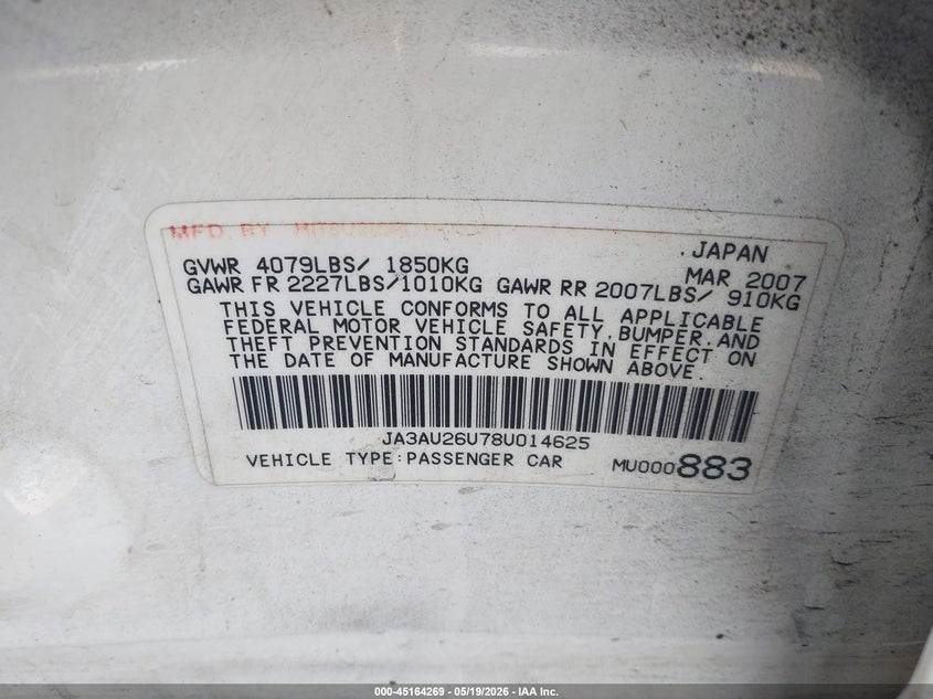 2008 Mitsubishi Lancer De/Es VIN: JA3AU26U78U014625 Lot: 45164269