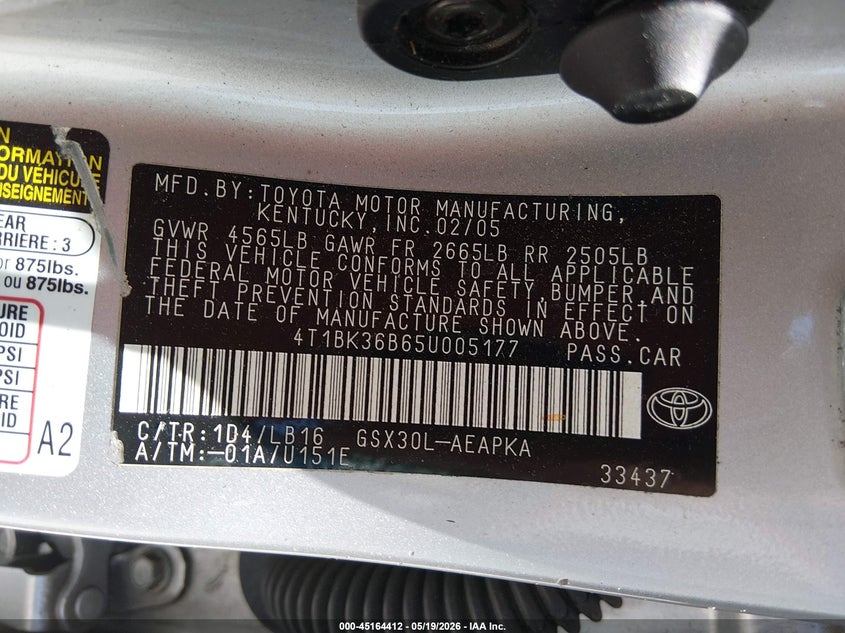 2005 TOYOTA AVALON SEDAN 3.5L V-6 DOHC, VVT, 280HP