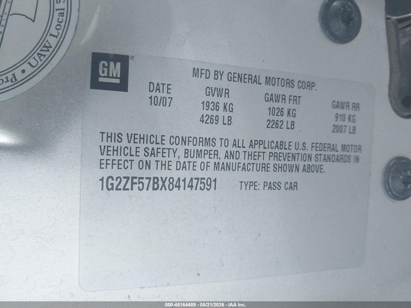 2008 Pontiac G6 Value Leader VIN: 1G2ZF57BX84147591 Lot: 45164489