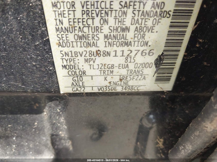 2008 Nissan Quest 3.5 Se VIN: 5N1BV28U38N112766 Lot: 45164515
