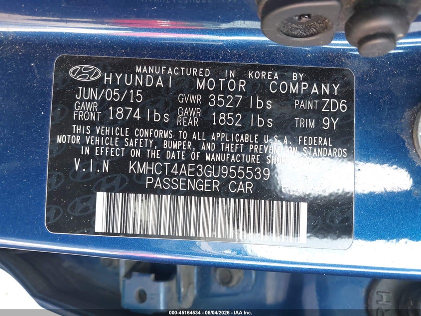 2016 Hyundai Accent Se VIN: KMHCT4AE3GU955539 Lot: 45164534