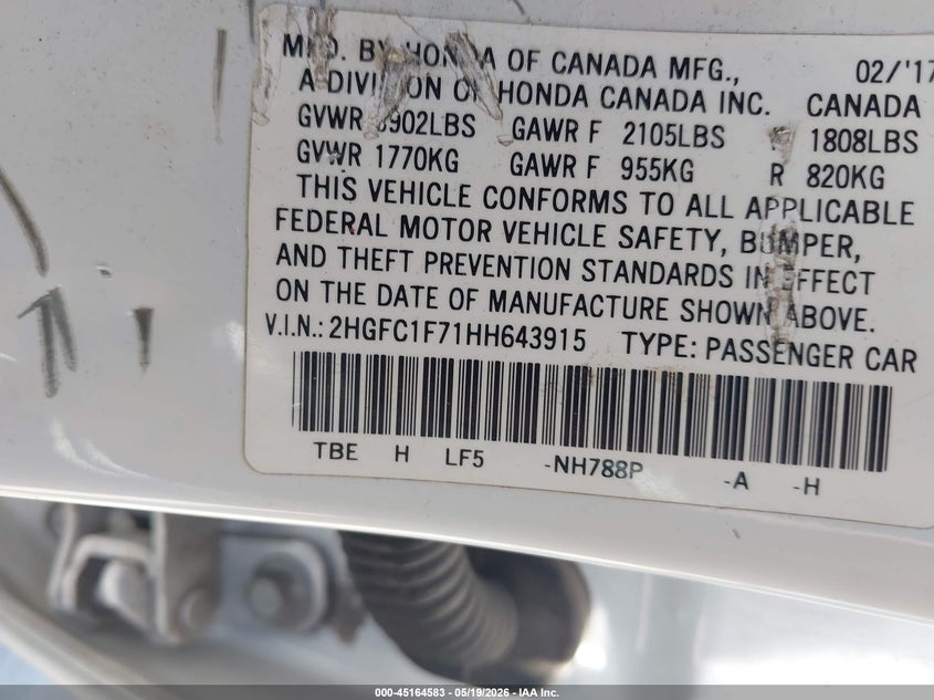 VIN 2HGFC1F71HH643915 2017 HONDA CIVIC EX-L