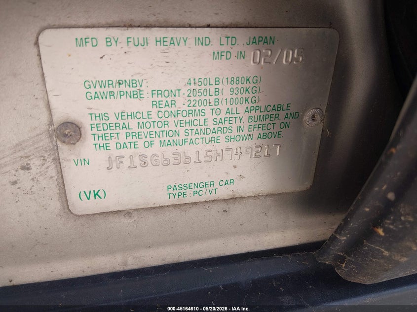 2005 Subaru Forester 2.5X VIN: JF1SG63615H749217 Lot: 45164610