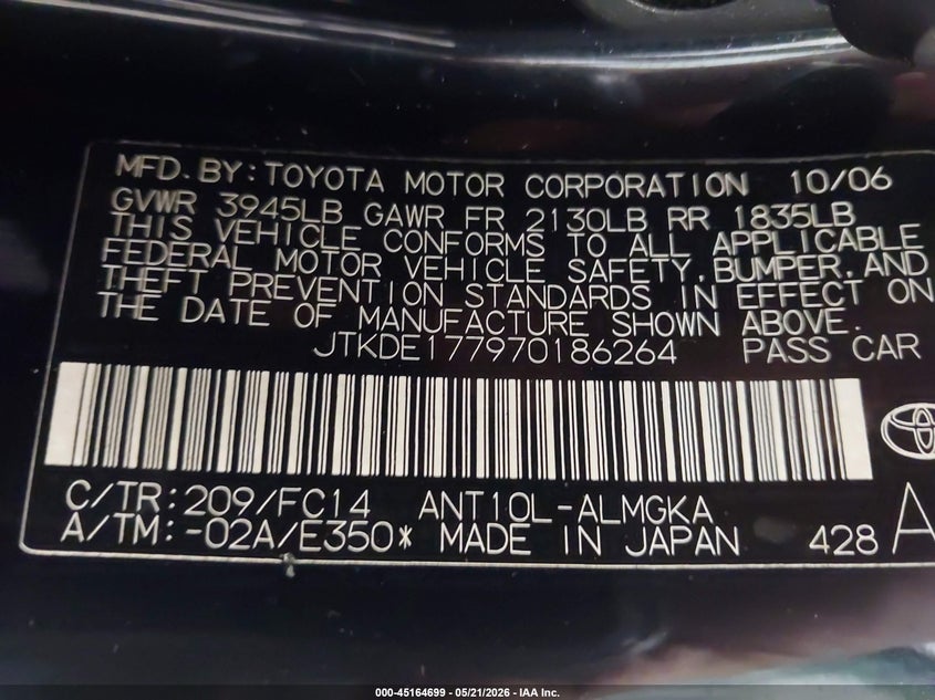 2007 Scion Tc VIN: JTKDE177970186264 Lot: 45164699