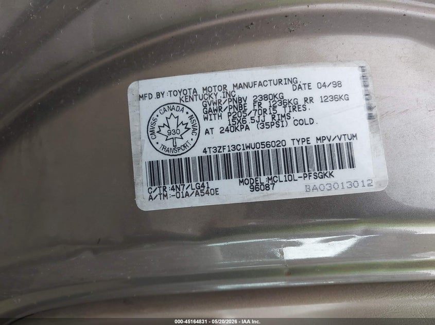1998 Toyota Sienna Le/Xle VIN: 4T3ZF13C1WU056020 Lot: 45164831