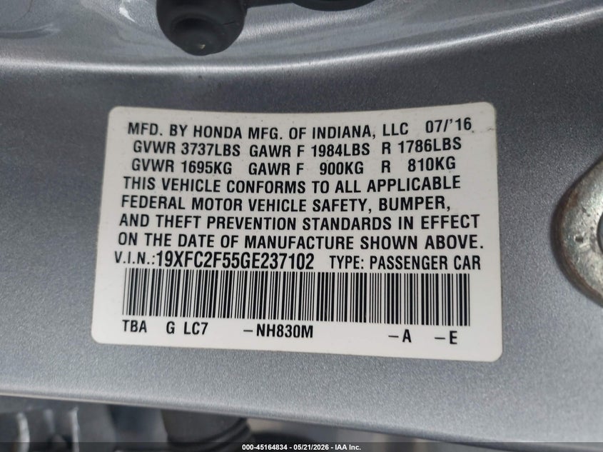 2016 HONDA CIVIC SEDAN 2.0L I-4 DOHC, VVT, 158HP