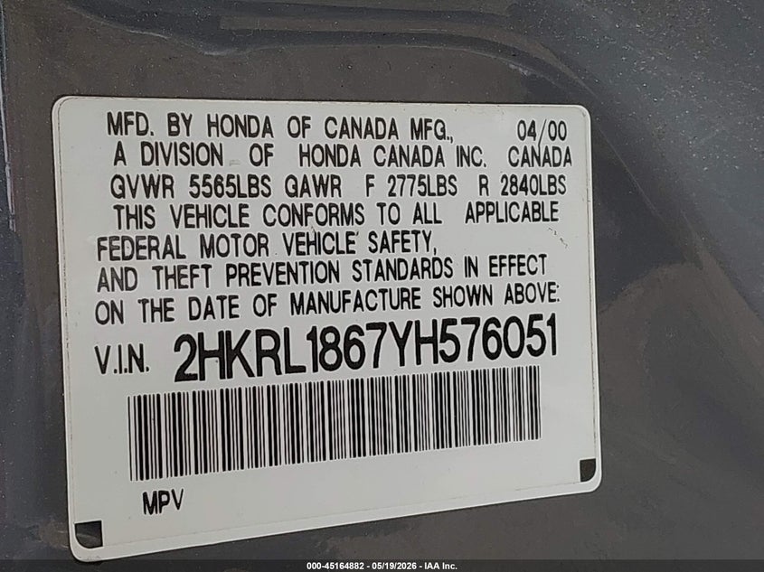 2000 Honda Odyssey Ex VIN: 2HKRL1867YH576051 Lot: 45164882