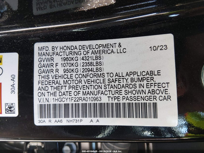 VIN 1HGCY1F22RA010963 2024 HONDA ACCORD LX
