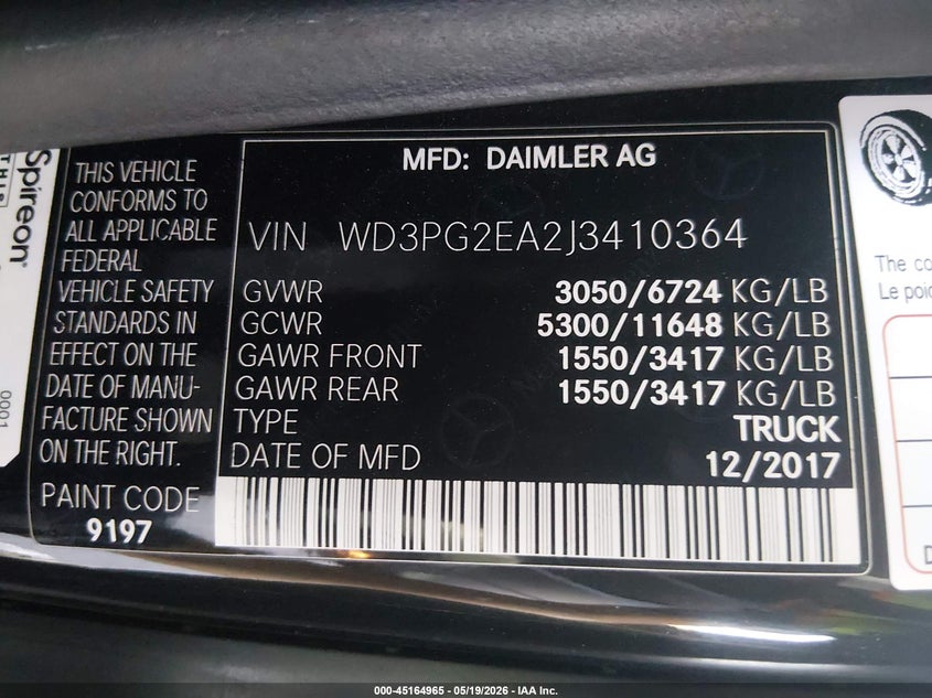 2018 Mercedes-Benz Metris VIN: WD3PG2EA2J3410364 Lot: 45164965