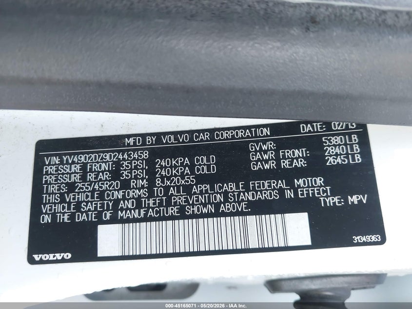 2013 Volvo Xc60 T6 VIN: YV4902DZ9D2443458 Lot: 45165071