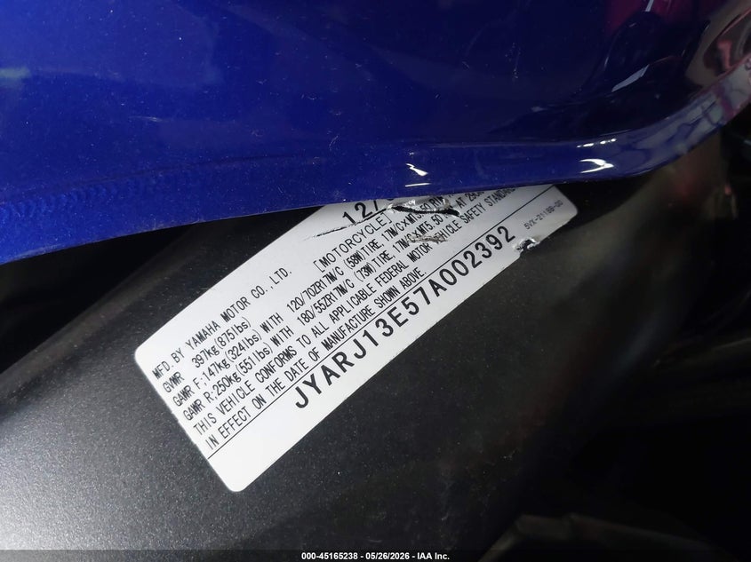 2007 Yamaha Fz6 Shg VIN: JYARJ13E57A002392 Lot: 45165238