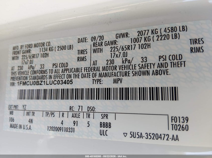VIN 1FMCU0BZ1LUC03405 2020 FORD ESCAPE SE SPORT HYBRID