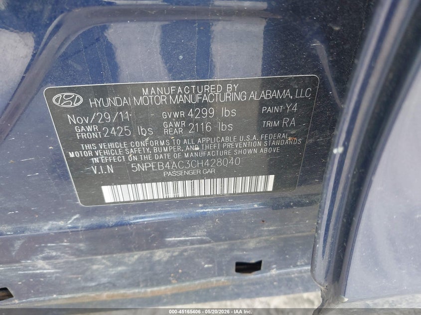 2012 Hyundai Sonata 2.4 Gls blue Lot 111045165406 Vin 5NPEB4AC3CH428040