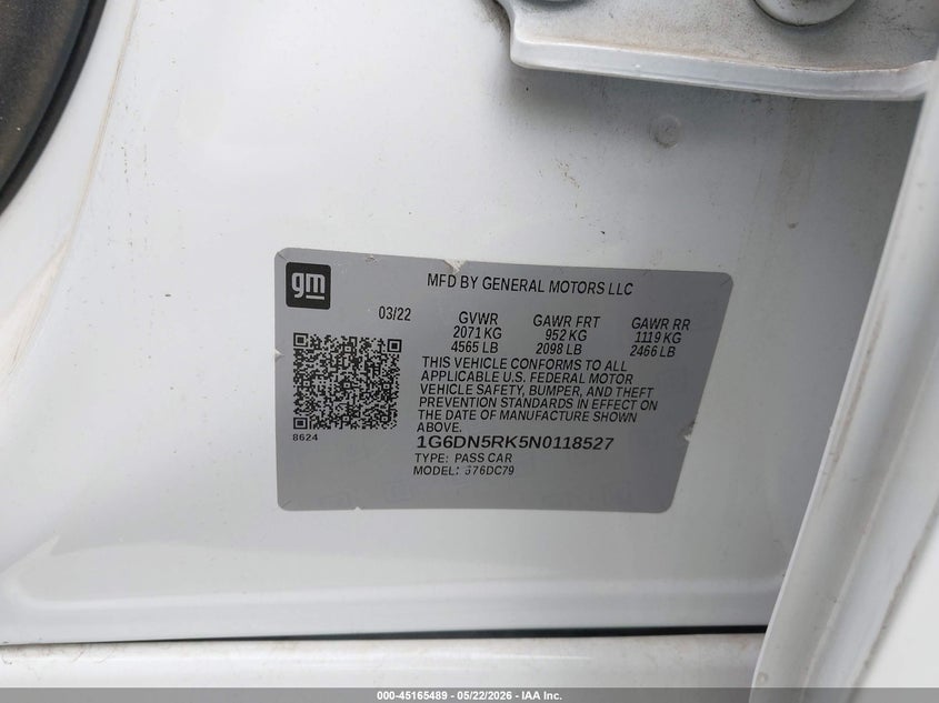 2022 Cadillac Ct5 Premium Luxury VIN: 1G6DN5RK5N0118527 Lot: 45165489