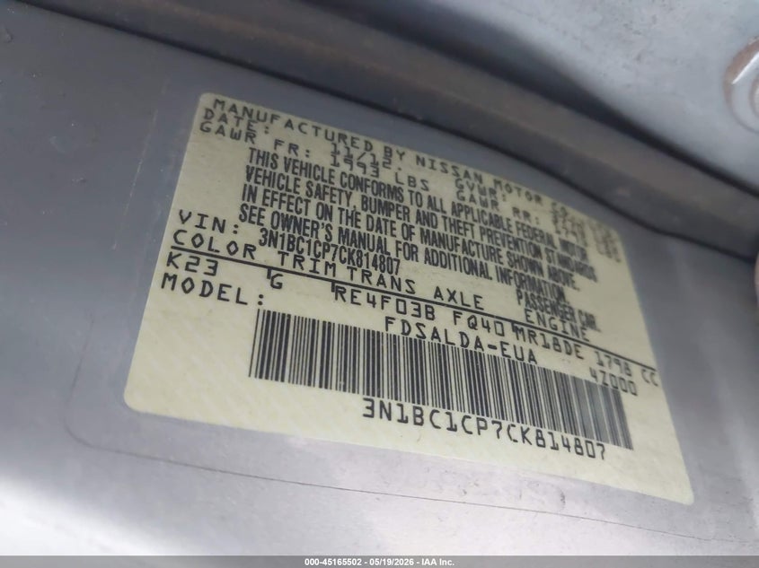 2012 Nissan Versa 1.8 1.8 S silver Lot 111045165502 Vin 3N1BC1CP7CK814807