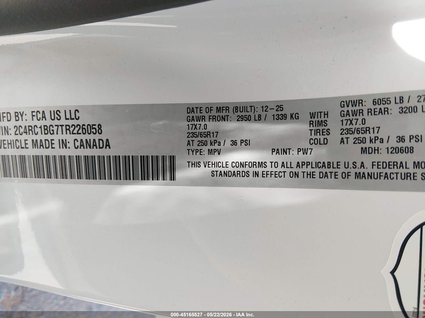 2026 Chrysler Pacifica Select VIN: 2C4RC1BG7TR226058 Lot: 45165527
