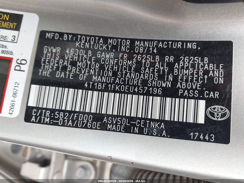 2014 TOYOTA CAMRY SEDAN 2.5L I-4 DOHC, VVT, 173HP