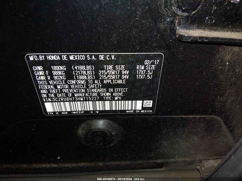 VIN 3CZRU6H73HM715227 2017 HONDA HR-V EX-L