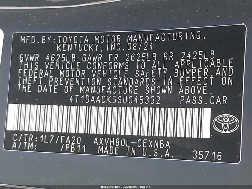 2025 TOYOTA CAMRY SEDAN 2.5L I-4 DI, DOHC, VVT, 184HP