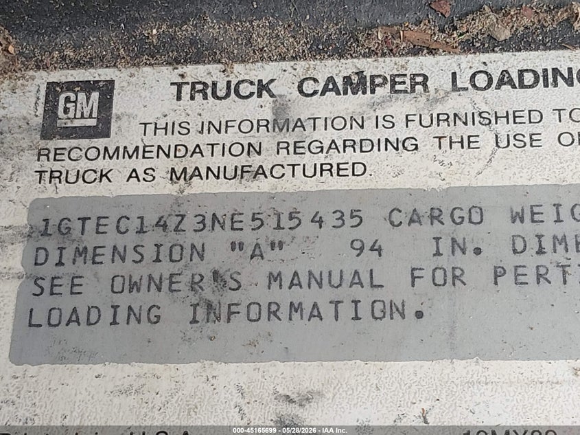 1992 GMC Sierra C1500 VIN: 1GTEC14Z3NE515435 Lot: 45165699