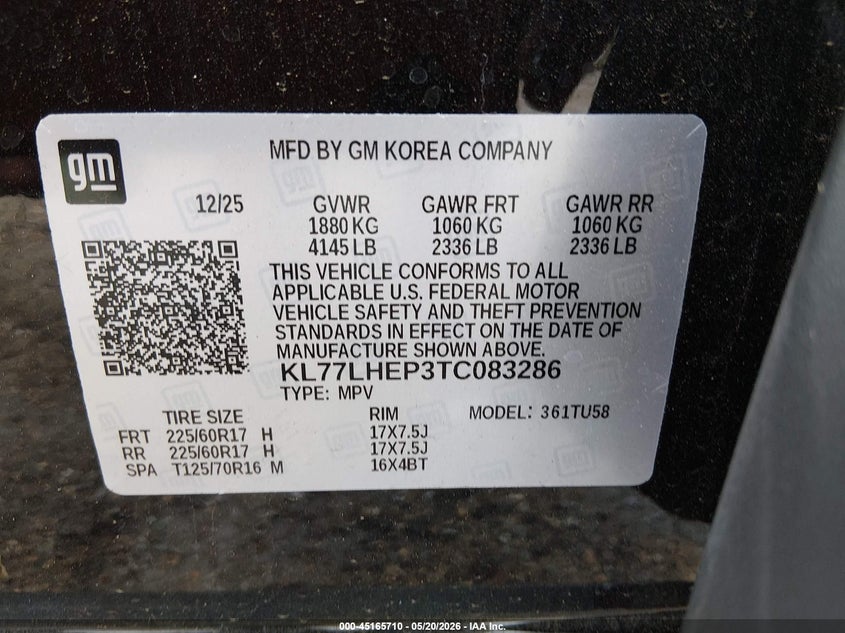 VIN KL77LHEP3TC083286 2026 CHEVROLET TRAX FWD LT