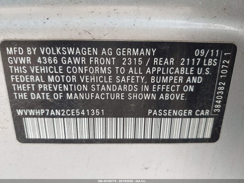2012 Volkswagen Cc Lux Plus VIN: WVWHP7AN2CE541351 Lot: 45165779