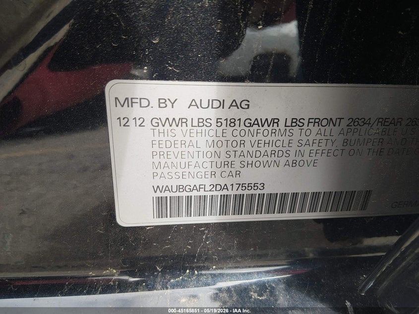 2013 Audi S4 3.0T Premium Plus VIN: WAUBGAFL2DA175553 Lot: 45165851