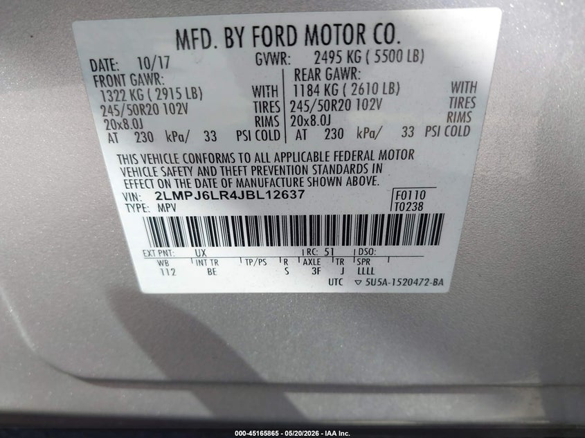 2018 Lincoln Mkx Reserve VIN: 2LMPJ6LR4JBL12637 Lot: 45165865