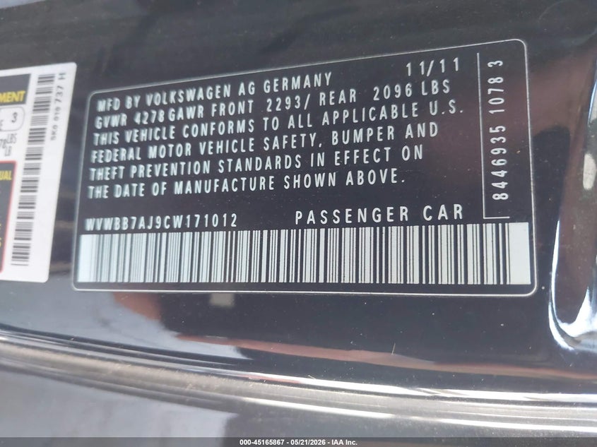 2012 Volkswagen Golf 2.5L 2-Door VIN: WVWBB7AJ9CW171012 Lot: 45165867