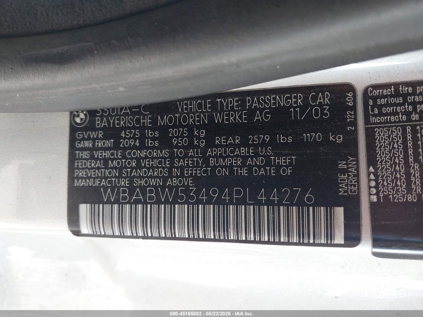 2004 BMW 330Ci VIN: WBABW53494PL44276 Lot: 45165882