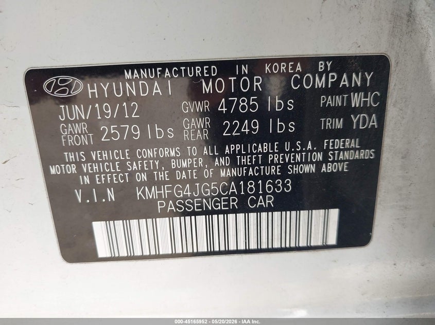 2012 Hyundai Azera VIN: KMHFH4JG5CA124832 Lot: 45165952