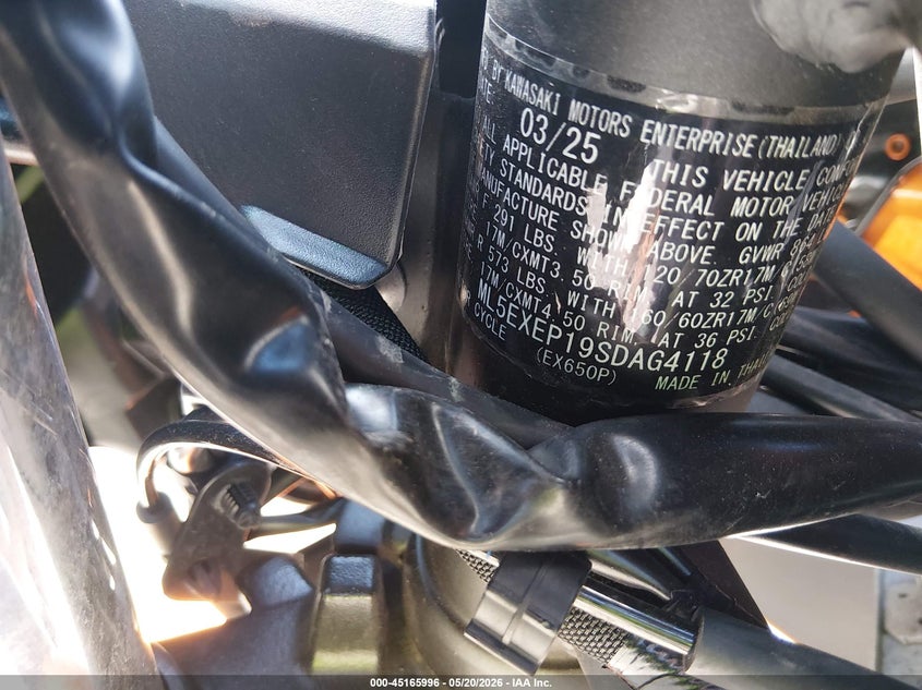 2025 Kawasaki Ex650 P VIN: ML5EXEP19SDAG4118 Lot: 45165996