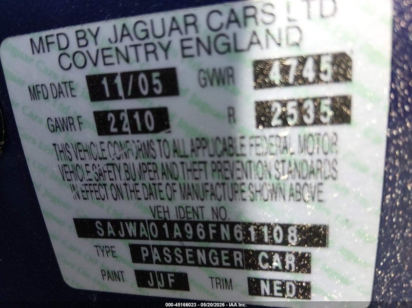 2006 Jaguar S-Type 3.0L V6 VIN: SAJWA01A96FN61108 Lot: 45166023