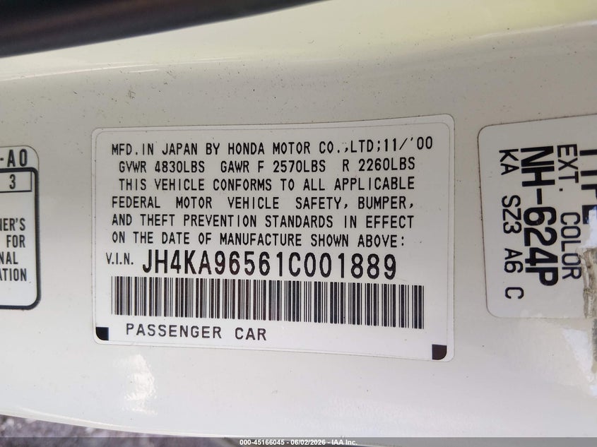 2001 Acura Rl 3.5 VIN: JH4KA96561C001889 Lot: 45166045