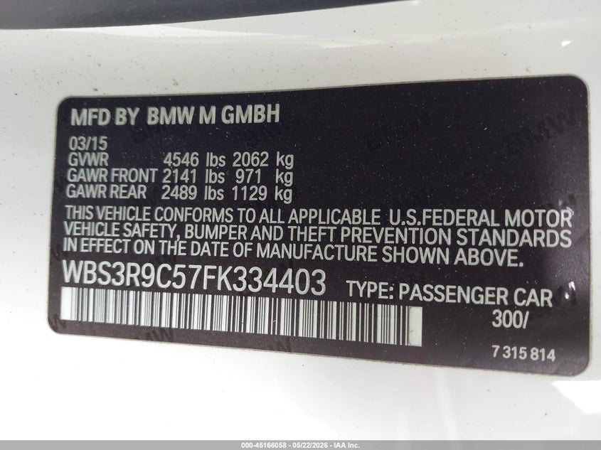 2015 BMW M4 VIN: WBS3R9C57FK334403 Lot: 45166058