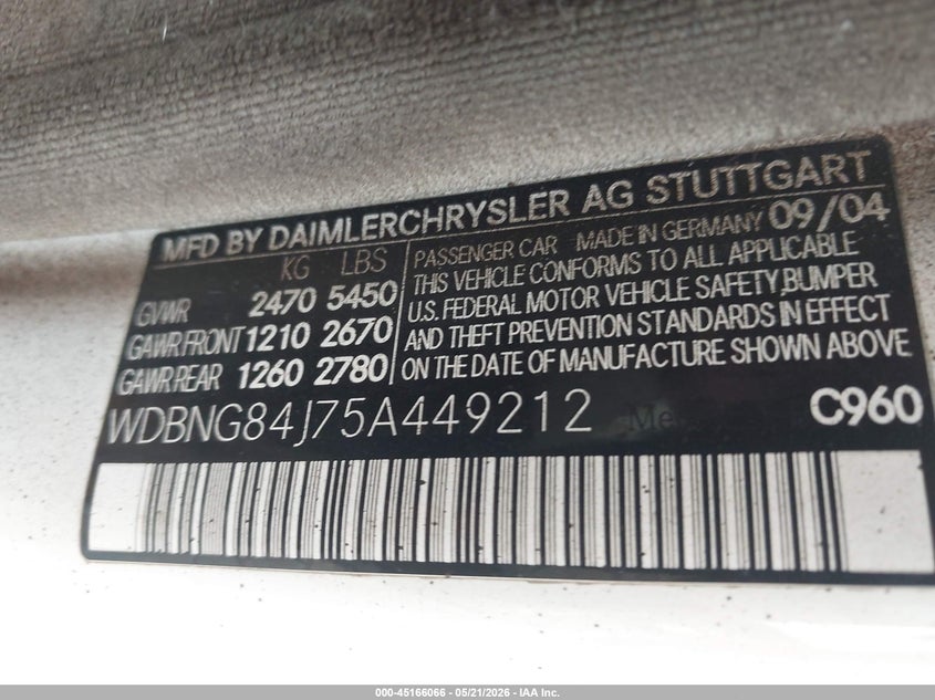2005 Mercedes-Benz S 500 4Matic VIN: WDBNG84J75A449212 Lot: 45166066