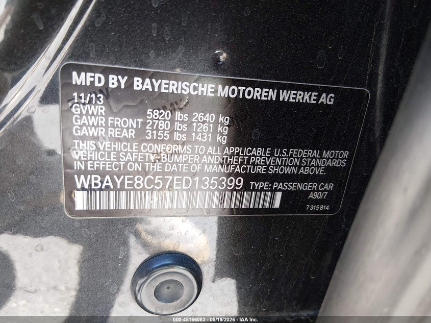 2014 BMW Alpina B7 VIN: WBAYE8C57ED135399 Lot: 45166083