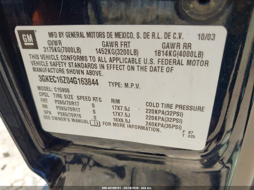 2004 GMC Yukon Xl 1500 Slt VIN: 3GKEC16Z04G163844 Lot: 45166151