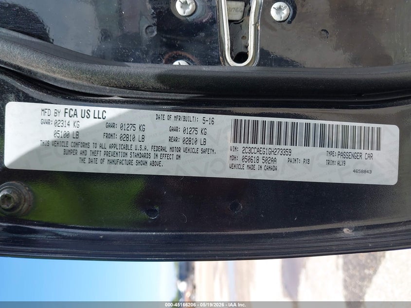 2016 Chrysler 300C VIN: 2C3CCAEG1GH273359 Lot: 45166206