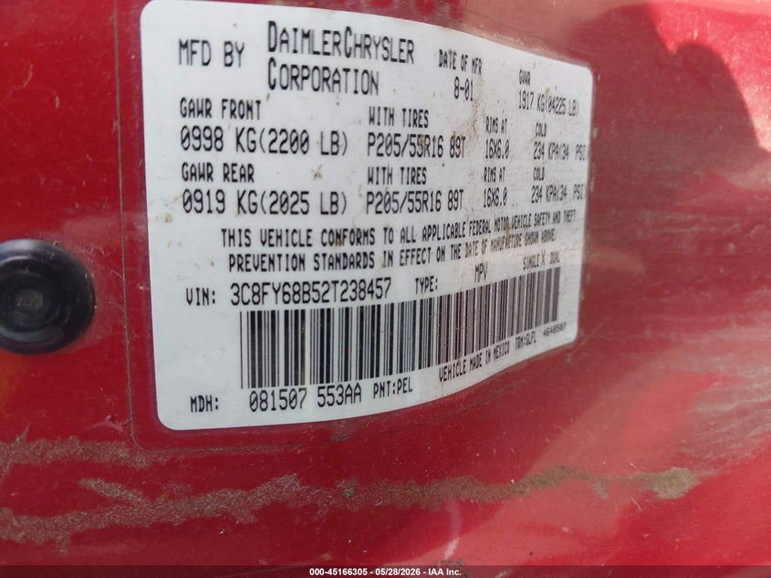 2002 Chrysler Pt Cruiser Limited VIN: 3C8FY68B52T238457 Lot: 45166305
