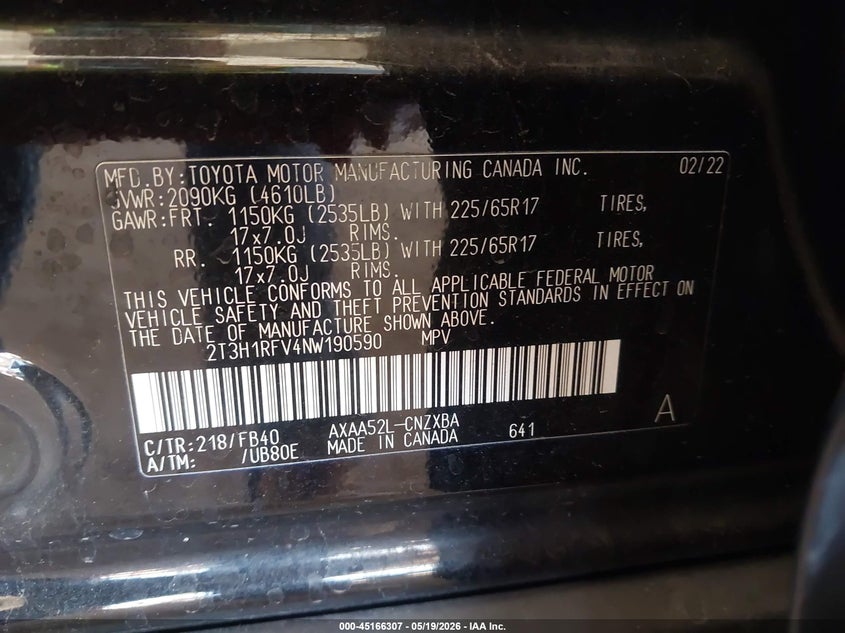 2022 TOYOTA RAV4 2.5L I-4 DI, DOHC, V(VIN: 2T3H1RFV4NW190590